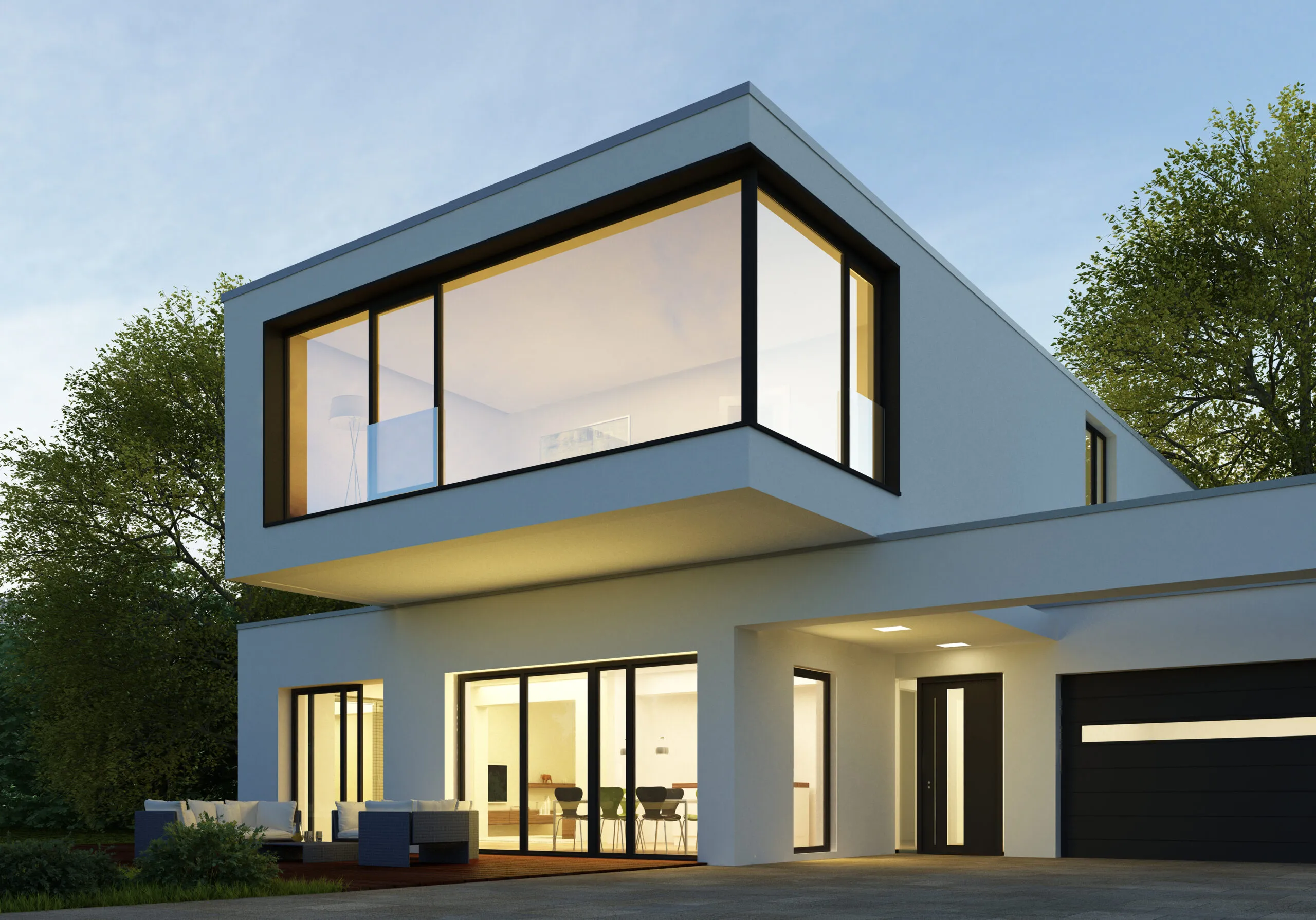 Modern cubic house with a glass front